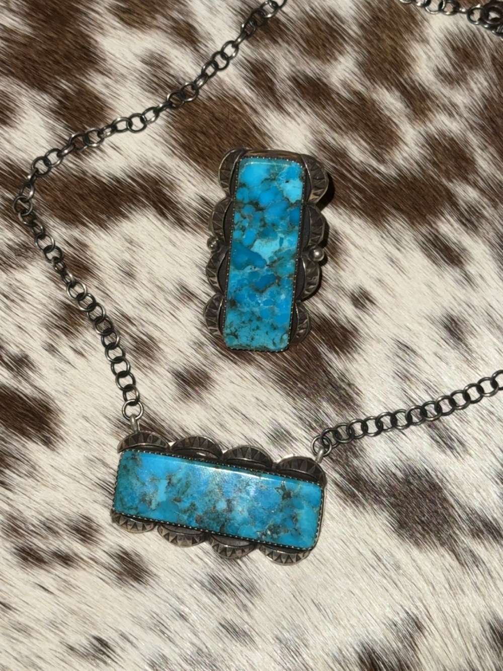 Native American Turquoise & Sterling Sliver Necklace and Ring Set - Blue